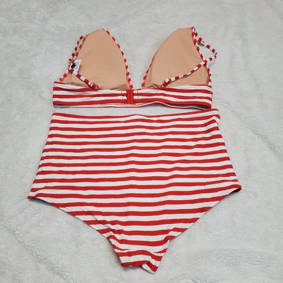 J. Crew Red White Stripe High Rise 2 Pc Swimsuit Bathing Suit Bikini Set Women L - Picture 2 of 9